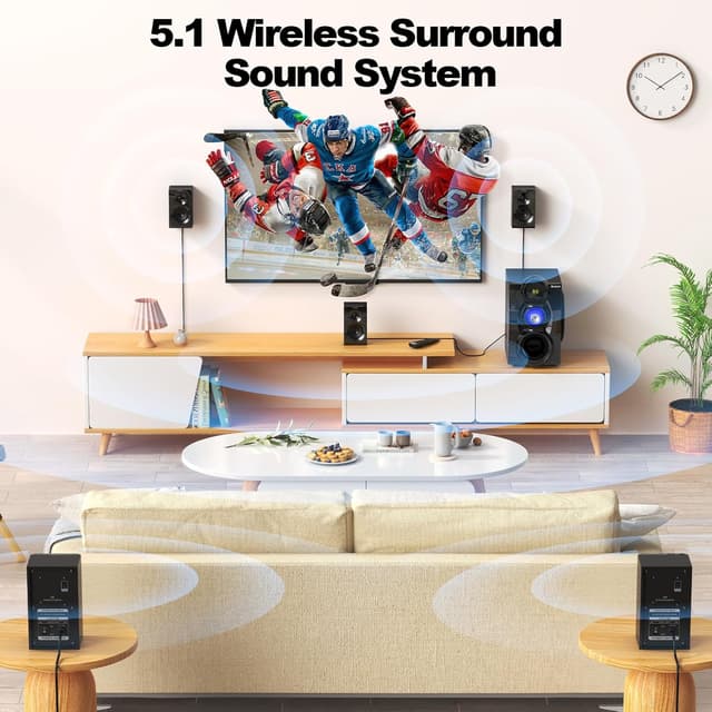 Detalle de Bobtot Wireless Surround Sound System Home Theatre (5.1/2.1) with 8" Subwoofer, ARC/Optical, Bluetooth & Karaoke Inputs