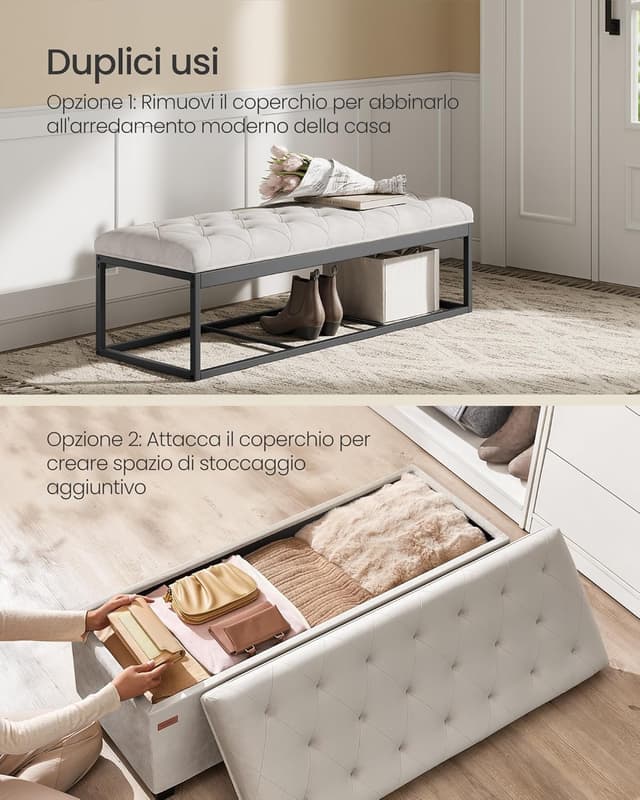 Detalle 2 de SONGMICS Cassapanca Pouf contenitore bianco crema con gambe in legno LSF089W01, 40 x 110 x 39 cm