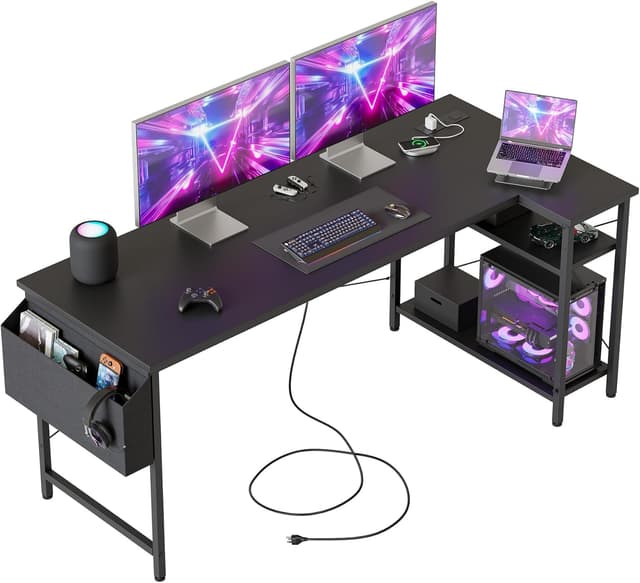 Detalle de Mericonia Small L-Shaped Desk with Power Outlets (140x70 cm) and Reversible Shelves, Black