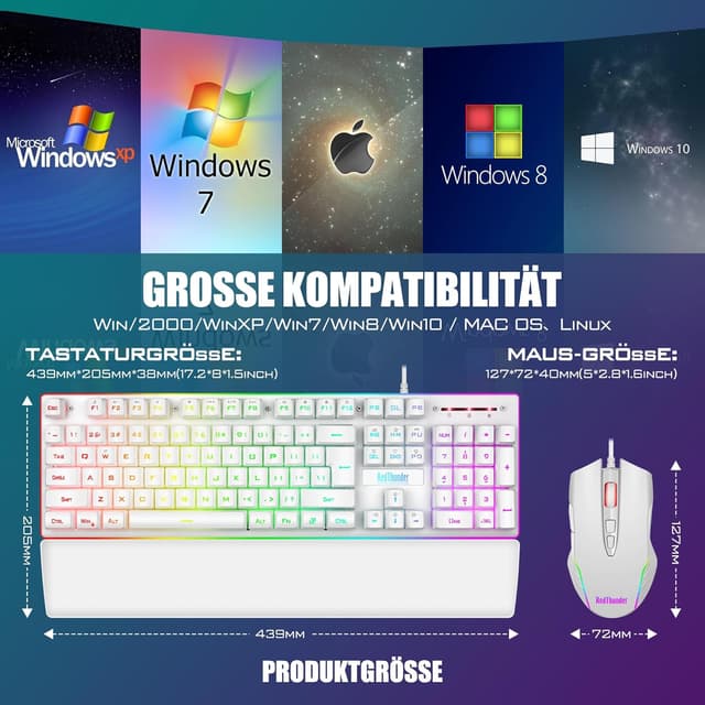 Thumbnail 6 de RedThunder K10 Gaming Tastatur- und Maus-Set (QWERTZ, Metallplatte, RGB) – Weiß