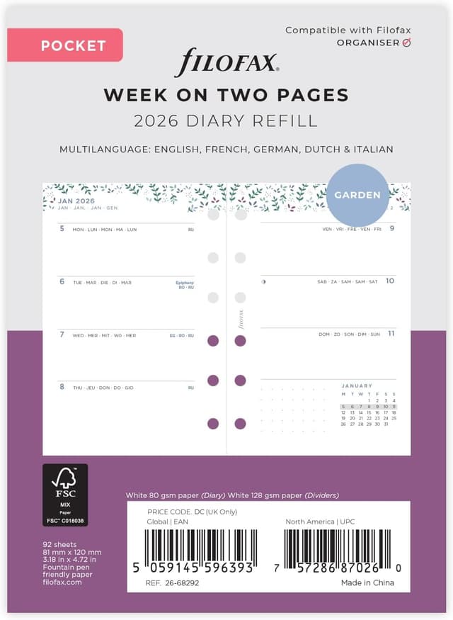 Detalle de Filofax Recharge agenda 2026 de poche semainier Garden 26-68292