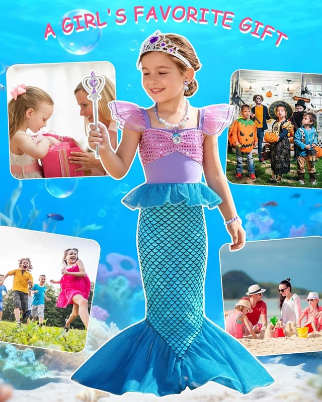 Detalle 2 de Costume da principessa sirena Ariel Dtiaagto per bambine e ragazze (età 3-10 anni) con parrucca e accessori glitter