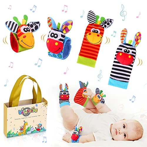 Imagen de Sonajero Calcetines y Muñequeras para Bebé, Sonajero Toys con Buscador de Muñeca y Pie Juguetes de Animales Suaves y Bonitos para Recién Nacidos Niños Bebés (2 Pulseras y 2 Calcetines) en OfertitasTOP
