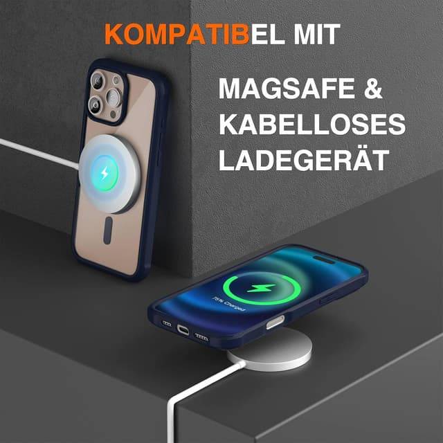 Detalle 2 de Leedia Handyhülle für iPhone 16 Pro Max mit integriertem 9H Display- und Kameraschutz (Magsafe, 360° Full-Protection) in Blau