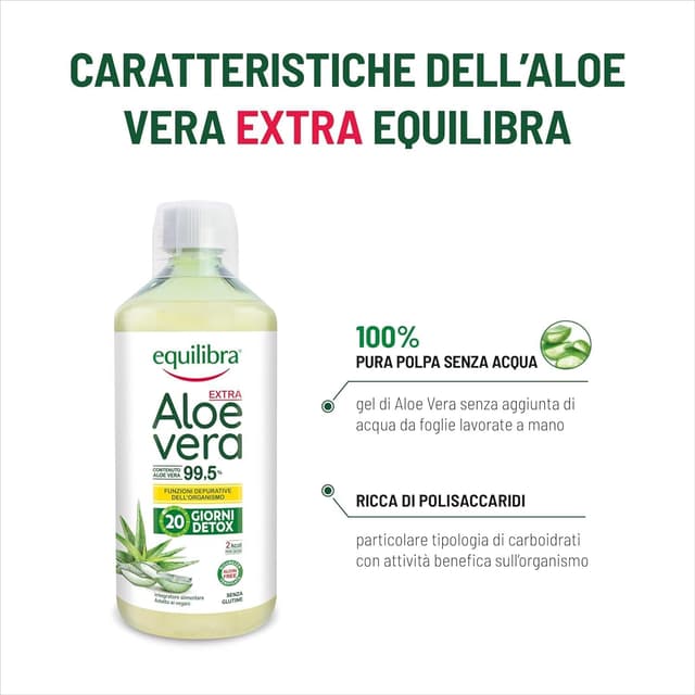 Detalle 2 de Equilibra Aloe Vera da Bere, 100% Pura Polpa di Aloe (2x1000 ml, 40 giorni) depurativa e lenitiva