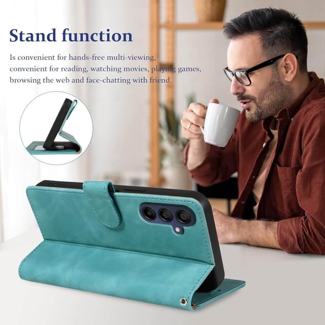 Detalle de GOTOURED Handyhülle für Samsung Galaxy A16 mit Klappfunktion, RFID-Blockierung, Kartenfächern, Magnetverschluss, Tragegurt und Ständer (Grün)