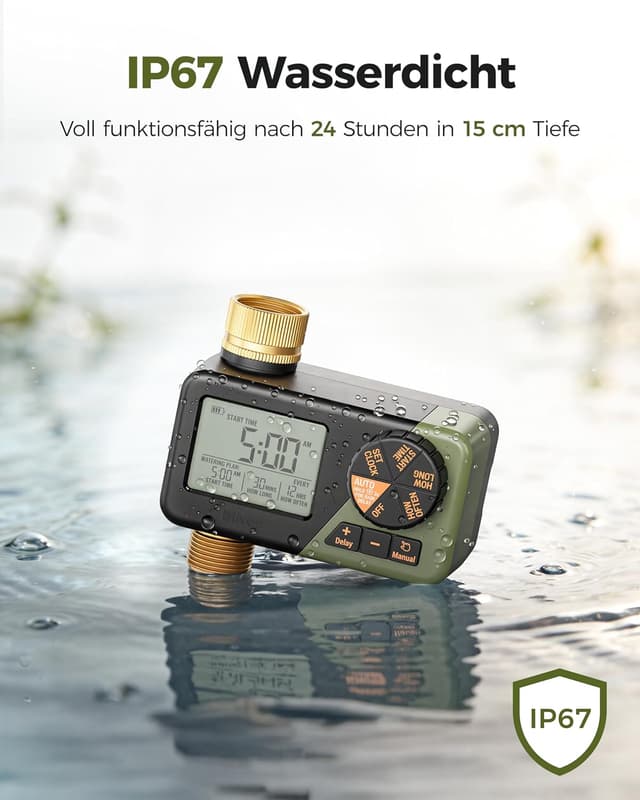 Detalle de Diivoo IP66 Bewässerungscomputer mit großem LCD, Messing-Ein-/Ausgängen und Regenverzögerung