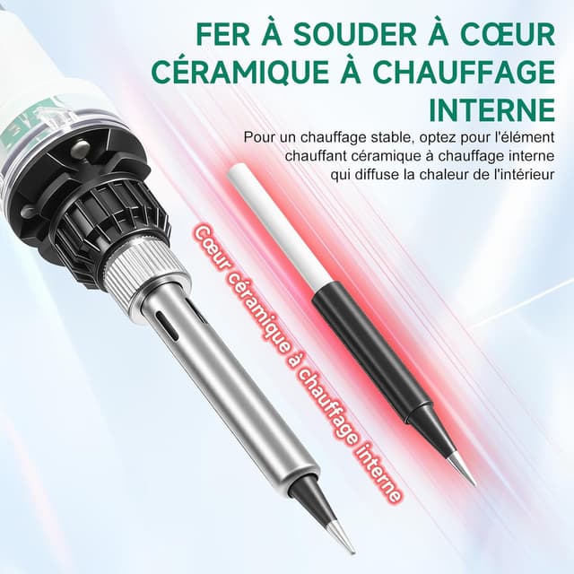 Detalle de Kit fer à souder OneAmg 80 W à température réglable 180–500 °C (5 pannes) avec fil, pompe à dessouder et accessoires
