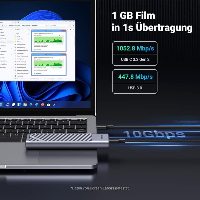 Detalle de UGREEN M.2 NVMe/SATA SSD Gehäuse USB 3.2 Gen 2 (10 Gbps) aus Aluminium mit Kühlkissen