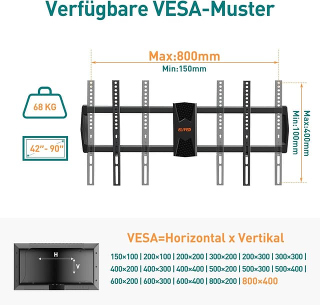 Thumbnail 6 de ELIVED EV3029 : support mural TV extra long à bras pivotant (42 à 90" jusqu’à 68 kg, VESA 800 x 400)