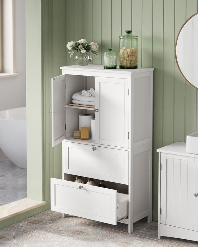 Detalle 2 de VASAGLE Badezimmerschrank klassikweiß BBC551P31 mit 2 Türen, 2 Schubladen und verstellbarer Ablage (30 x 60 x 110 cm)