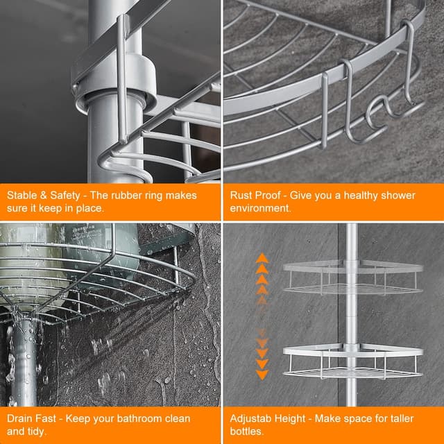 Detalle 1 de Wopeite étagère de douche télescopique réglable 73–265 cm, sans perçage, en acier inoxydable (4 paniers) – gris