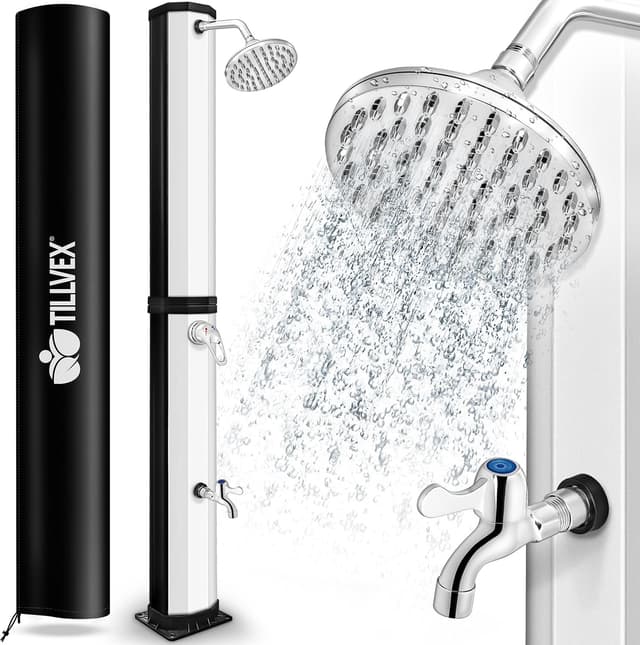 Detalle de tillvex Solardusche 60 Liter inkl. Abdeckung – Warmwasser ohne Strom, mit Wasserhahn & Gartenschlauch-Anschluss