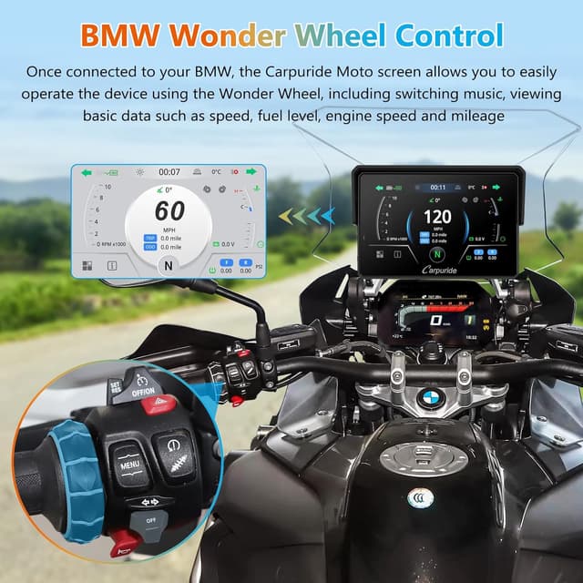Detalle 2 de CARPURIDE W502BS Pro für BMW-Motorrad: drahtloses CarPlay & Android Auto, Dual-Bluetooth und wasserdichter 5‑Zoll-GPS-Bildschirm