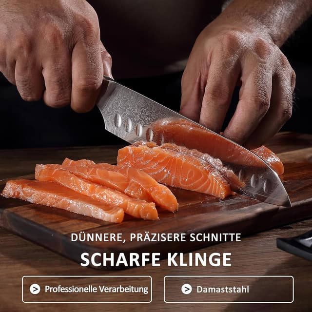 Detalle de PAUDIN Santokumesser Damastmesser 17 cm – 67-lagiger Damaststahl mit VG10-Kern und G10-Griff