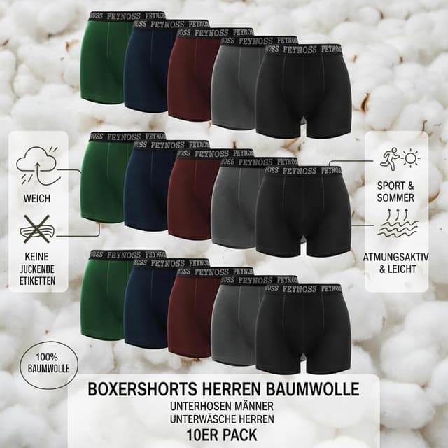 Detalle de feynoss Herren-Boxershorts im 10er Pack (Baumwolle mit Elasthan, ohne Etikett)