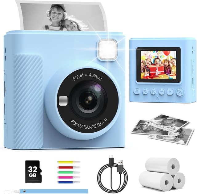 Detalle de TIATUA Kids Instant Print Camera (Blue) — 1080P HD Video, 32GB Card, Print Paper & Fun Accessories