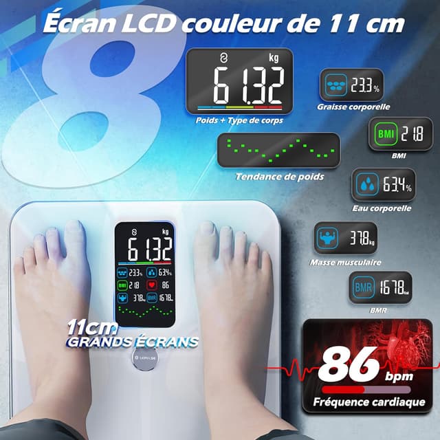 Detalle de Lepulse Balance Impédancemètre Balance Intelligente Grand Écran (Fitdays, Bluetooth) : 22 mesures de composition