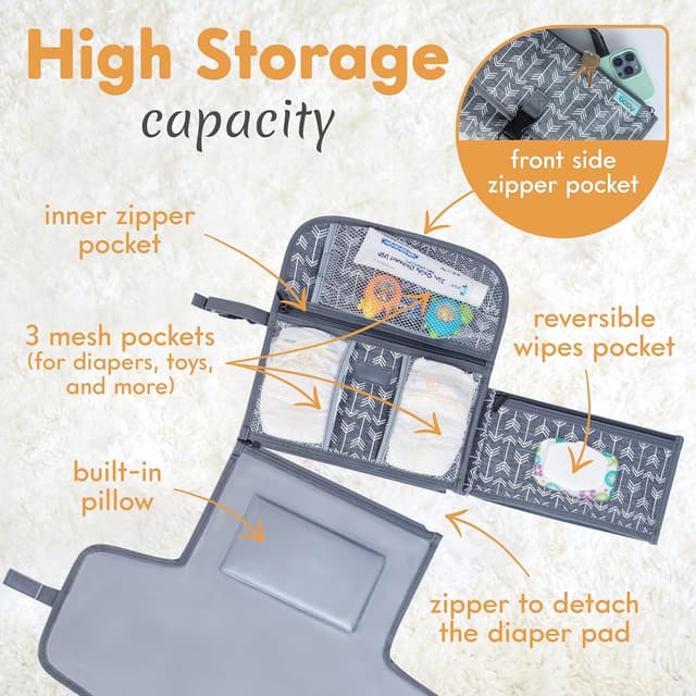 Detalle 2 de Kopi Baby Portable Diaper Changing Pad Travel Station Kit (Grey Arrows) — Changing Mat With Wipes Pocket