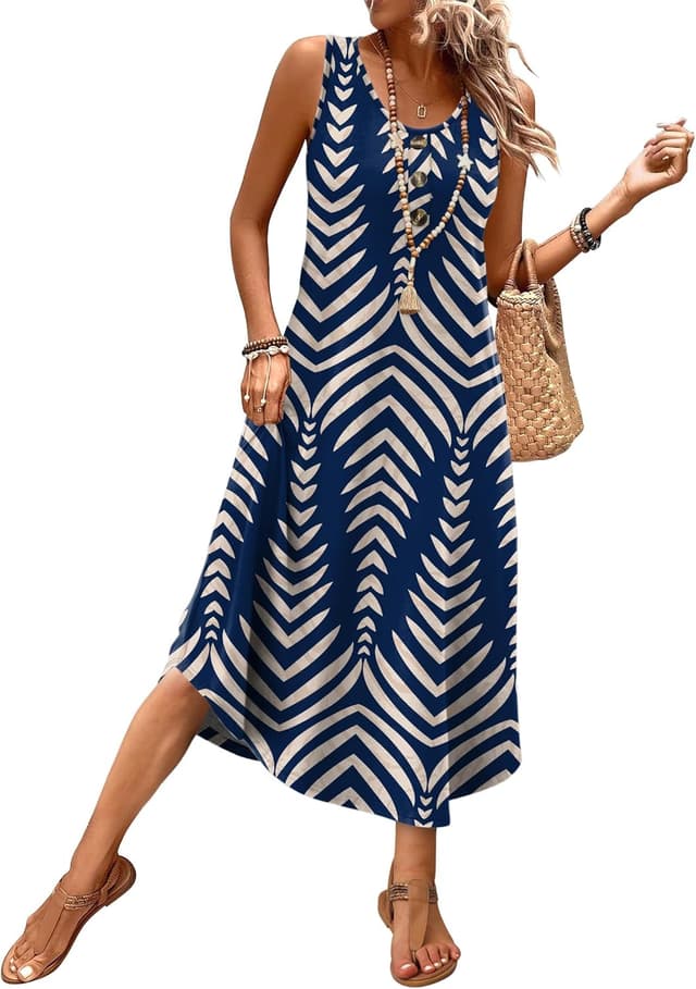 Detalle 2 de WIHOLL Button-Front Sleeveless Midi Dress for Women (with Pockets) — Summer Casual & Vacation Styles