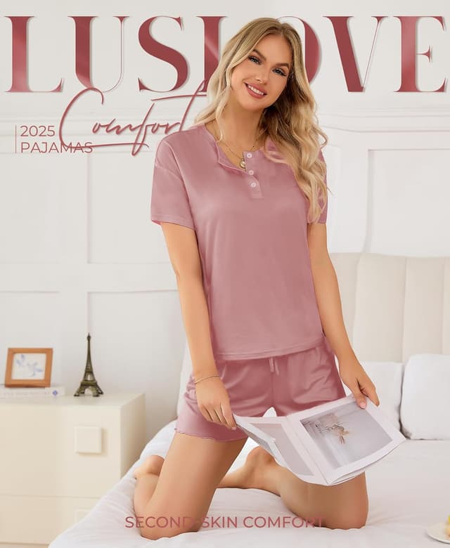 Detalle de LUSLOVE Damen Schlafanzüge Pyjama Kurz-Set (V-Ausschnitt & Shorts) für den Sommer