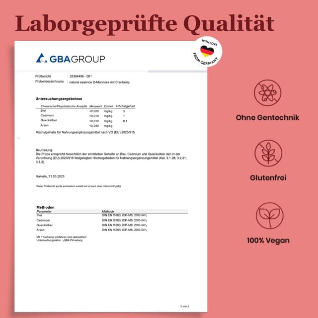 Detalle 2 de D-Mannose Pulver mit Cranberry (300 g) – hochdosiert, löslich in Wasser, vegan, laborgeprüft (produziert in Deutschland)