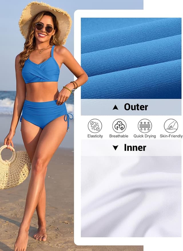 Detalle de Nadeer Damen Bikini-Set mit V-Ausschnitt, High Waist & Crossover-Trägern