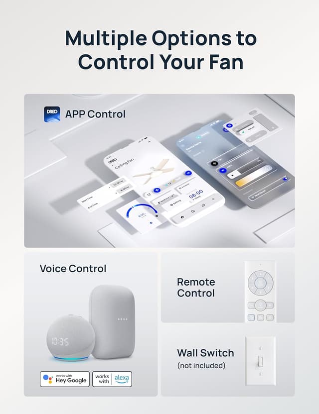 Detalle de Dreo 44 in Smart Flush Mount Ceiling Fan with Lights, 12 Speeds, Quiet DC Motor, Dimmable LED, Remote & App