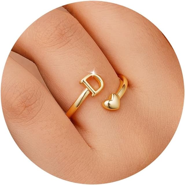 Detalle de TINGN Ring Gold Damen Mädchen – 14K Gold vergoldet Herz-Buchstaben Stapelring, wasserfest