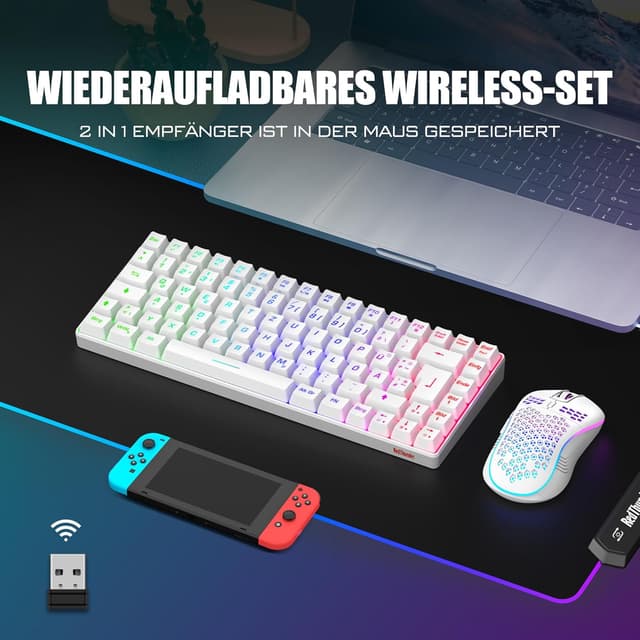 Detalle 2 de RedThunder 75% kabelloses Gaming-Tastatur-und-Maus-Set (QWERTZ) inkl. wiederaufladbarem Akku – 2,4-GHz, 85 Tasten, Weiß