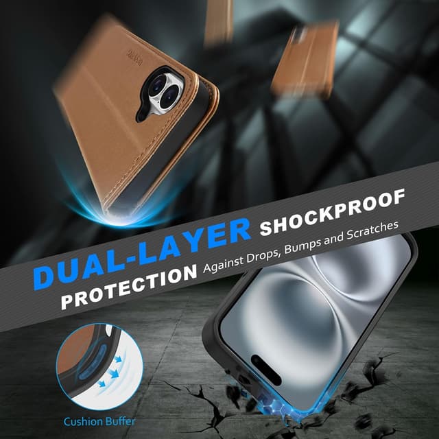 Detalle de SHIELDON Hülle für iPhone 16 Plus (6,7") – 2-in-1 Echtleder-Case mit abnehmbarer Magnet-Schale, RFID-Blocker und Kartenfach, Sattelbraun