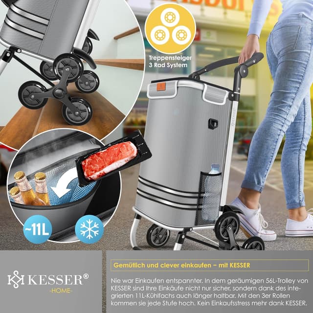 Detalle de KESSER® Einkaufstrolley Treppensteiger mit Kühlfach, klappbar (56 L, bis 50 kg) – 3in1 Trolley/Sackkarre/Umhängetasche in Grau