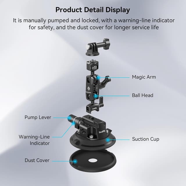 Detalle 2 de SMALLRIG 4236B : support 4" à ventouse avec bras magique et tête sphérique (charge max. 3 kg)