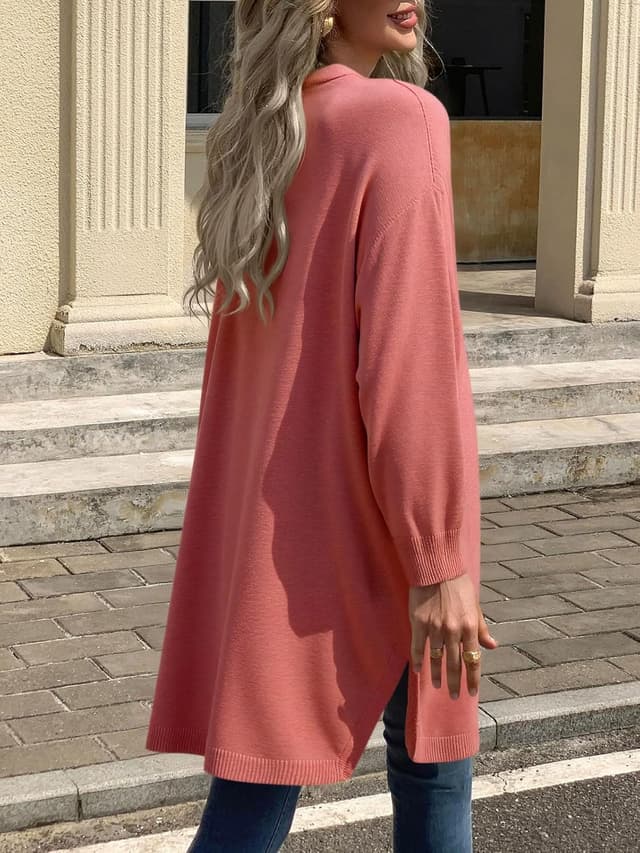 Detalle de Saodimallsu Damen Strickjacke – langer, leichter Cardigan mit offenem Vorderteil, V-Ausschnitt und Taschen