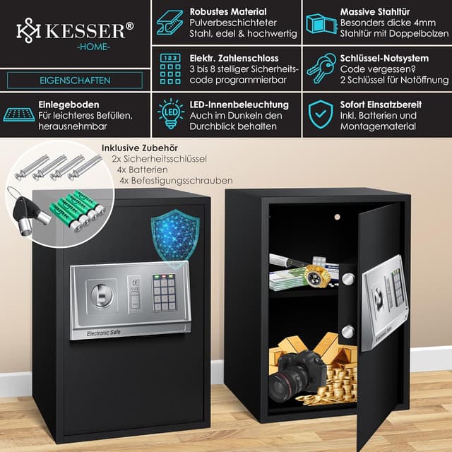 Detalle de KESSER® Elektr. Tresor 50×35×34,5 cm mit LED-Anzeige und Doppelbolzen-Zahlenschloss (Wandtresor)