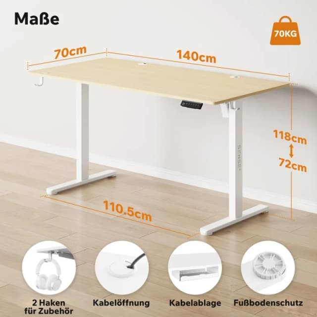 Detalle de sense7 NOJO escritorio eléctrico regulable de altura 140x70 blanco/pino (motor, memoria y gestión de cables)