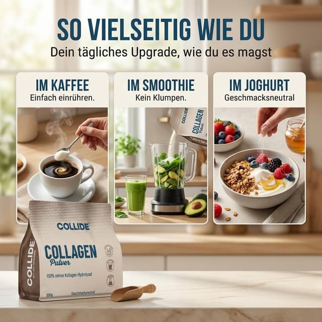 Detalle de COLLIDE Collagen Pulver (geschmacksneutral) – 100% Kollagen-Hydrolysat, zuckerfrei, leicht löslich, 300 g
