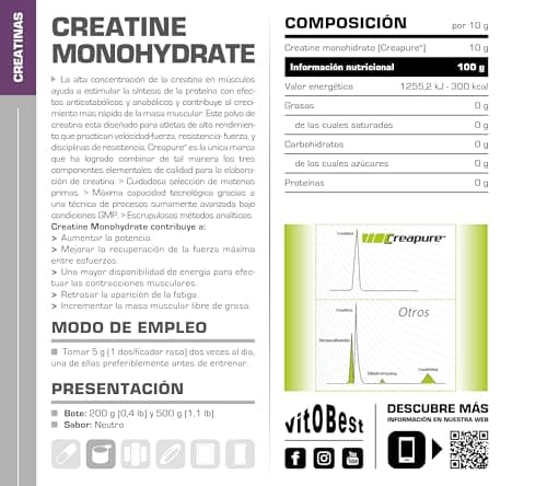 Detalle de vit.O.Best VITOBEST Creatina Monohidrato (Creapure®) sabor neutro 500 g