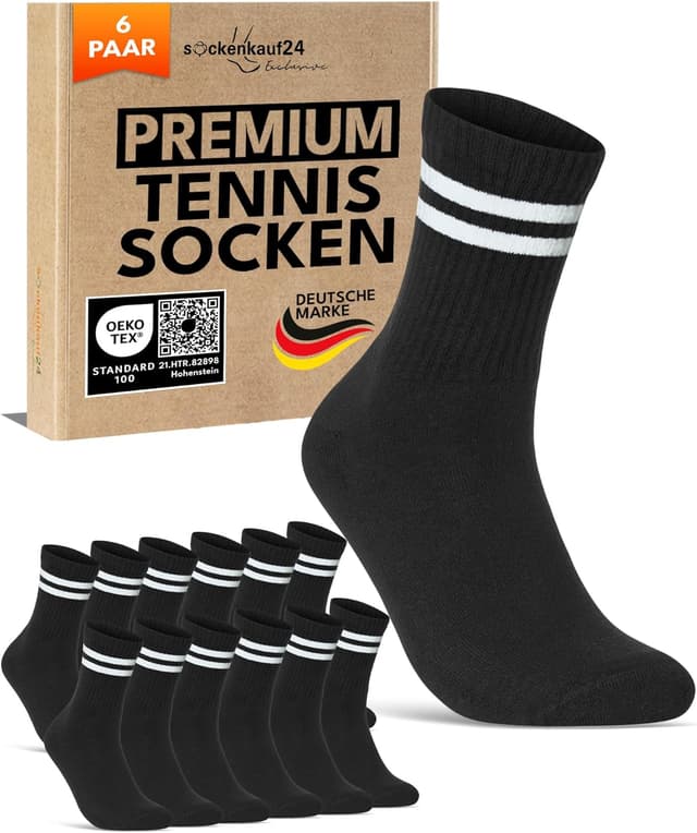 Detalle de sockenkauf24 Herren Tennissocken im 6er-Set – gepolsterte Retro Crew-Sportsocken aus Baumwolle