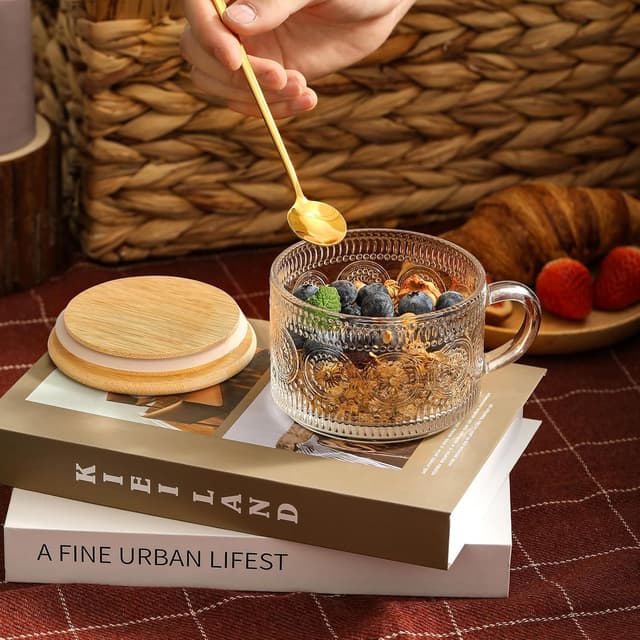 Thumbnail 4 de Vintage Embossed 14oz Glass Coffee Mugs Set 🍽