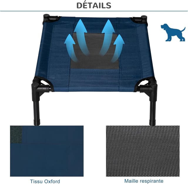 Detalle de PawHut lit surélevé pour chiens et chats (tissu Oxford/textilène) bleu et noir 61 x 46 x 18 cm