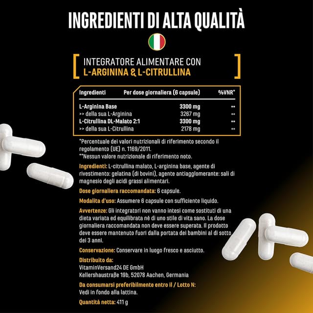 Detalle de L-arginina + L-citrullina Ultra Caps ad alto dosaggio — 320 capsule da 1100 mg