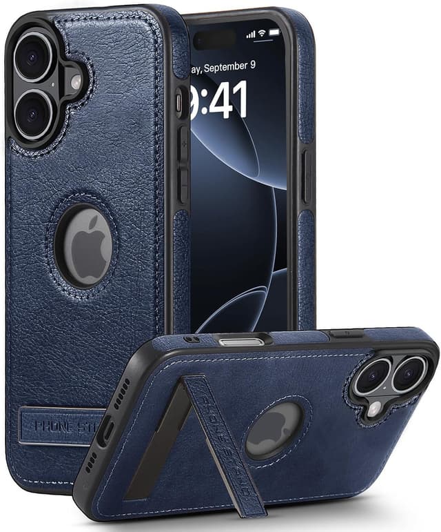 Detalle de KSELF Leather Case for iPhone 16 (6.1-inch) with Built-In Invisible Kickstand — Blue, Slim Shockproof Cover