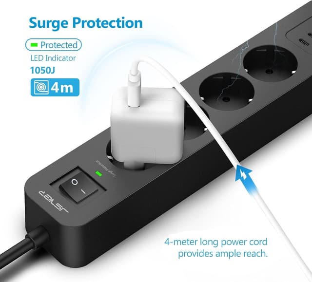 Detalle de JSVER ciabatta elettrica con 4 porte USB (2 USB-A + 2 USB-C), 4 m e adattatore: 3680 W/16 A, nero