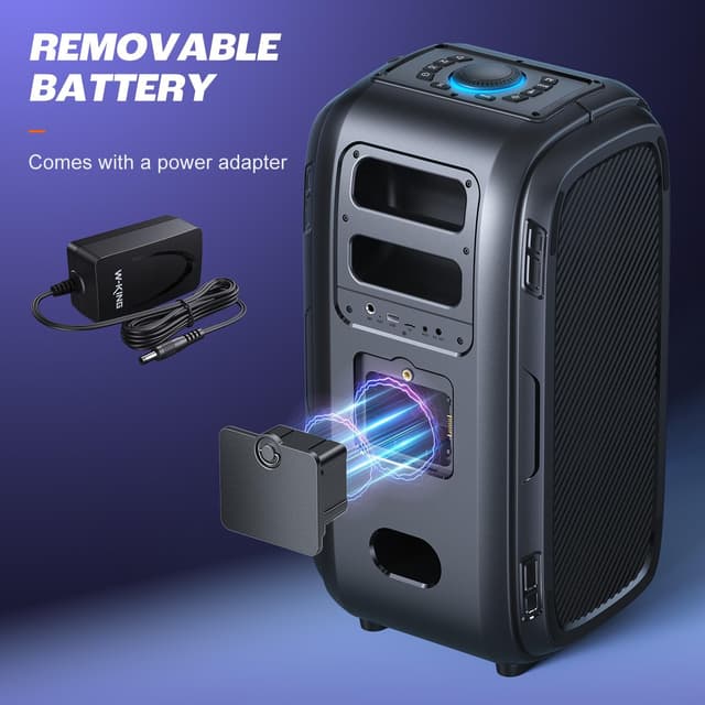 Detalle 2 de W-KING 250W Peak Party Bluetooth Speaker with 12 Custom Bass EQ, MIC/Guitar Input, IPX5 & Removable Battery