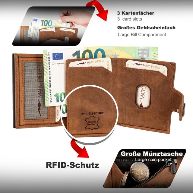 Detalle 2 de Marc Peter Herren-Geldbörse aus Leder mit Münzfach & RFID-Schutz – Slim Pop-up Kartenetui für 9–11 Karten