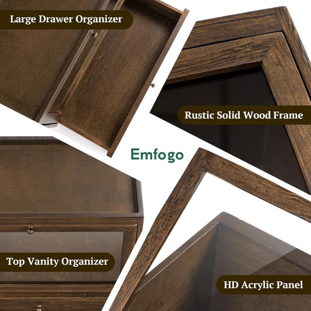 Detalle 2 de Emfogoo Cologne Stand solid wood perfume organiser with 3 tiers, dustproof acrylic panel and drawer storage