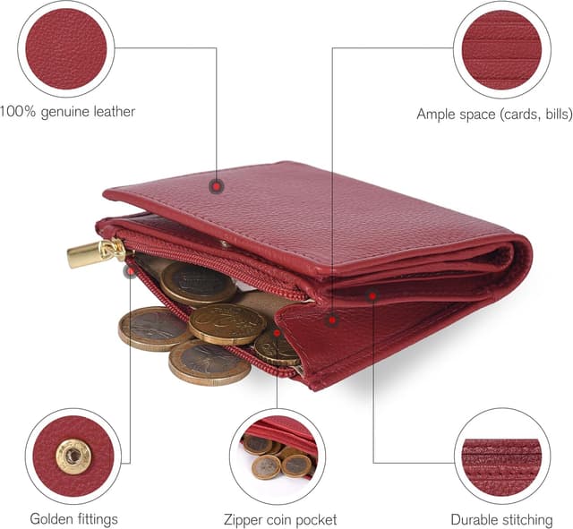 Detalle de Oak Leathers Women’s Full Grain Leather RFID Wallet – Small Bifold Coin Purse with ID & Card Holder (Nappa Red)