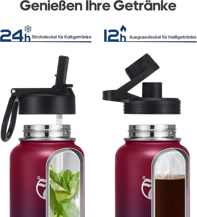 Detalle de HydroPal Edelstahl-Trinkflasche (500 ml bis 1,9 L) mit Strohhalm & 2 Deckeln, BPA-frei, kohlensäuregeeignet