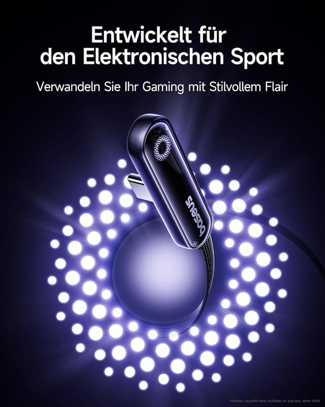 Detalle de Baseus USB‑C auf USB‑C Kabel 90 Grad, 2 m, 100 W mit Ring-Umgebungslicht